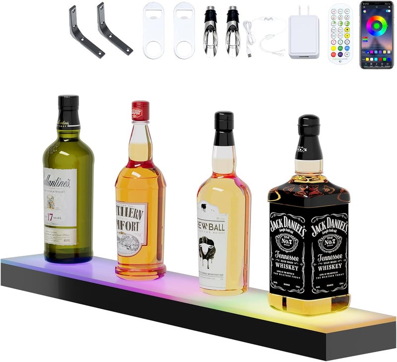 Dethan 1 Tier 24 Inch LED Lighted Liquor Bottle Display Shelf - Wine Racks with Multi-Color App & Wireless Remote Control, Adjustable Brightness & Sound Modes, Acrylic Bar Shelves for Home Bar Display - Image 1